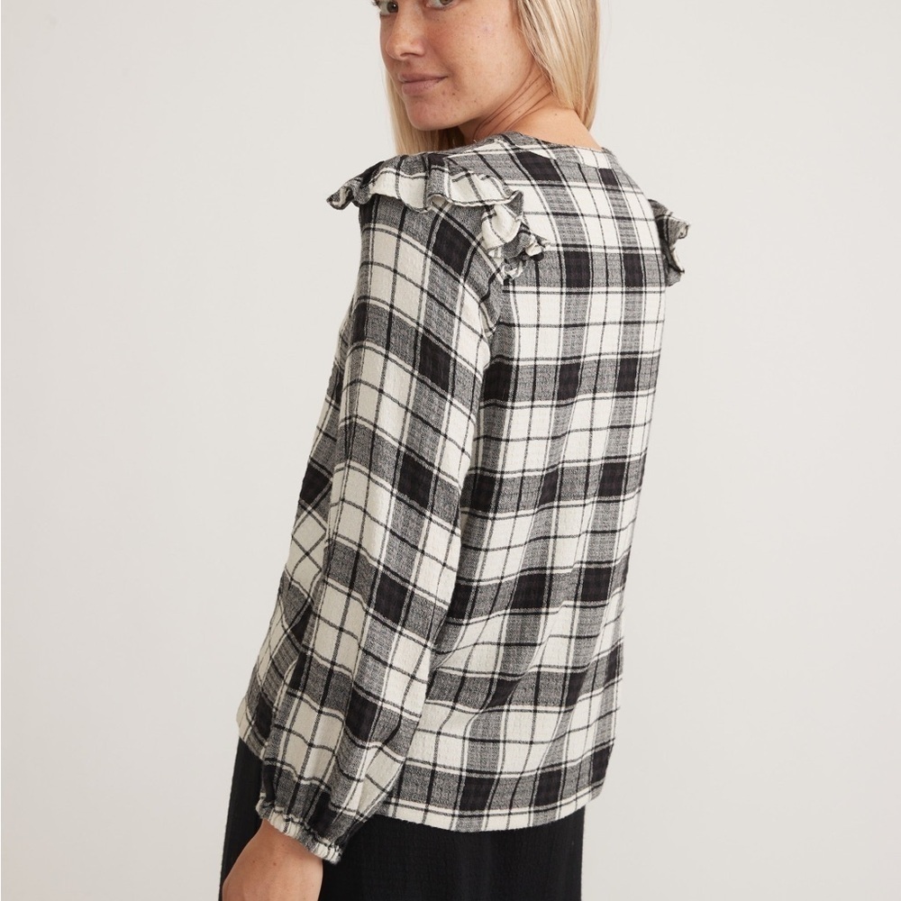 Marine Layer Jamie Ruffle Sleeve Top in Black/White Plaid Size Medium - Picture 2 of 12